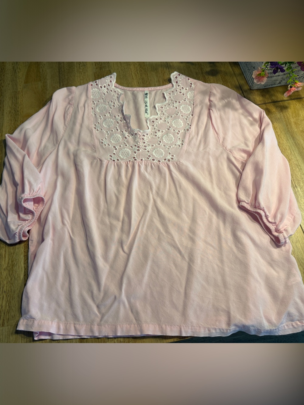 Leo & Nicole Light Pink Eyelet Yoke Tunic Top